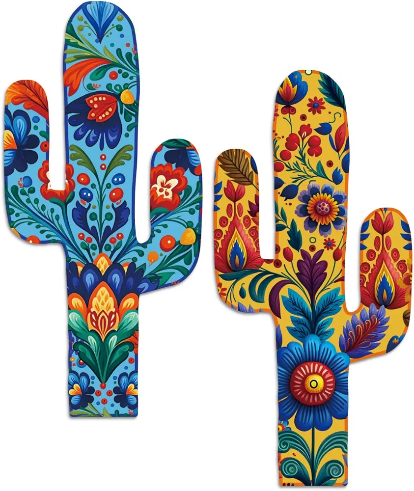 Putuo Decor Aztec Cactus Wall Decor Set of 2, Western Wooden Home Decor, Farmhouse Rome Decor Mexican Wall Art for Living Room, Bedroom, Kitchen, Office