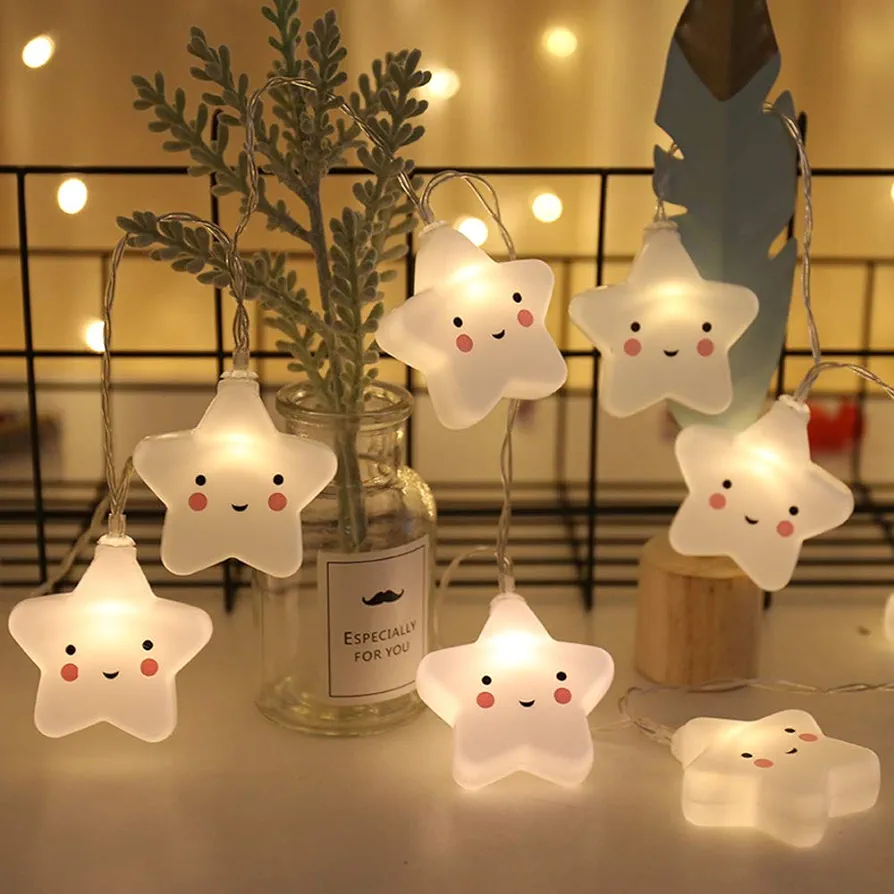 10 LED Battery Powered Room Light Baby Kids Cute Star Face Shape Lamp Corridor Decor Small Night Light Halloween Christmas Holiday String Lights Party Classroom Decor Lighting (Star)