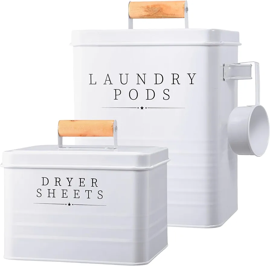 2 Pcs Laundry Pod Container with Dryer Sheet Holder for Laundry Room Farmhouse Detergent Storage Box with Lid Handle Metal Laundry Dryer Sheet Dispenser Laundry Room Organization Decor (White)