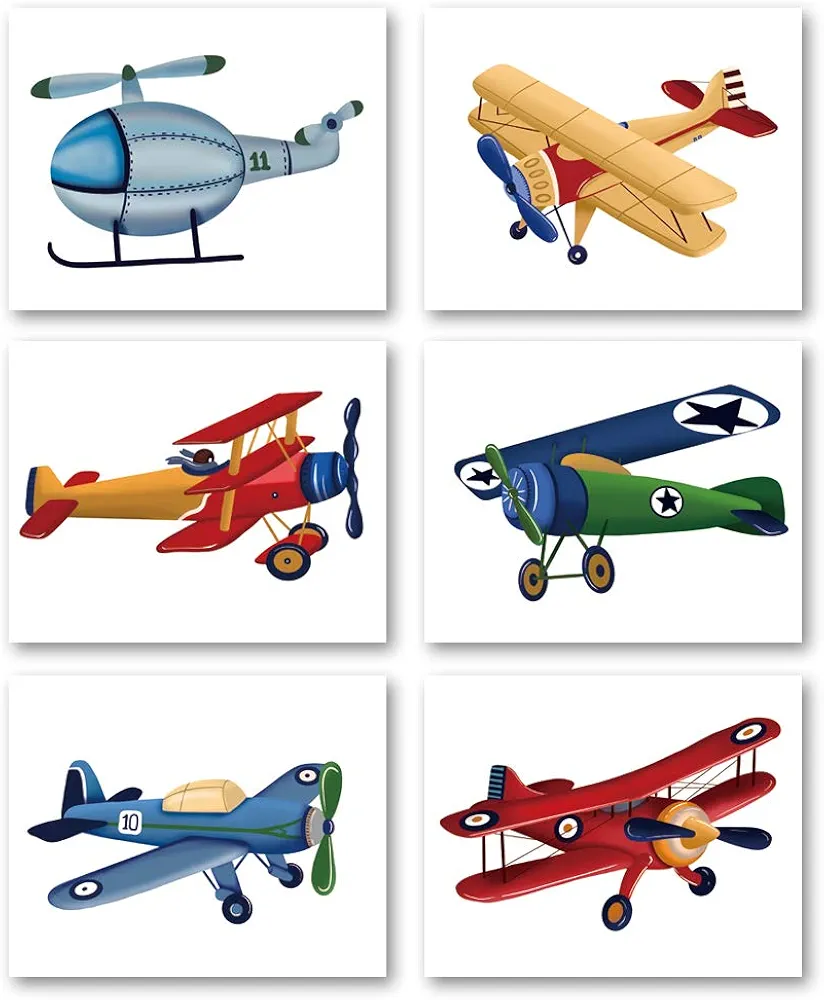 YIMEHDAN Watercolor Airplane Wall Art Print- Playroom or Nursery Boy Bedroom Decor-Colorful Cartoon Aircraft Canvas Print (Set of 6) - Unframed - 8X10 inch