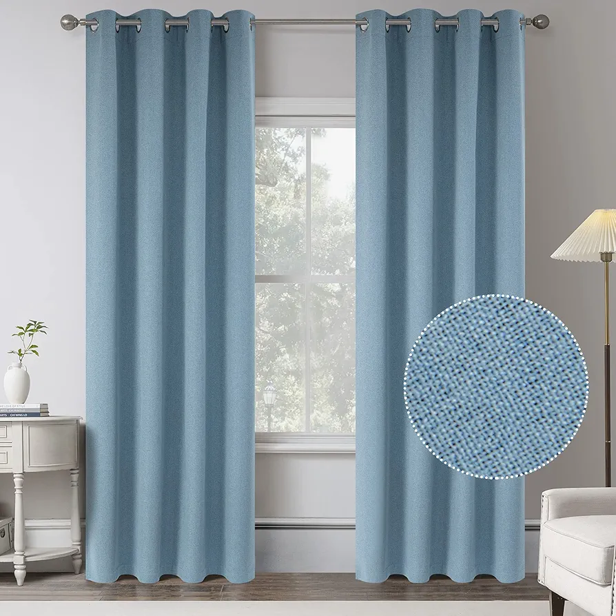 KEQIAOSUOCAI Light Blue Linen 100% Blackout Curtains for Bedroom - 95 Inches Long Energy Saving Thermal Insulated Window Treatment Curtain Drapes for Living Room (Air Blue,2 Panels,W 52 x L 95 Inch)