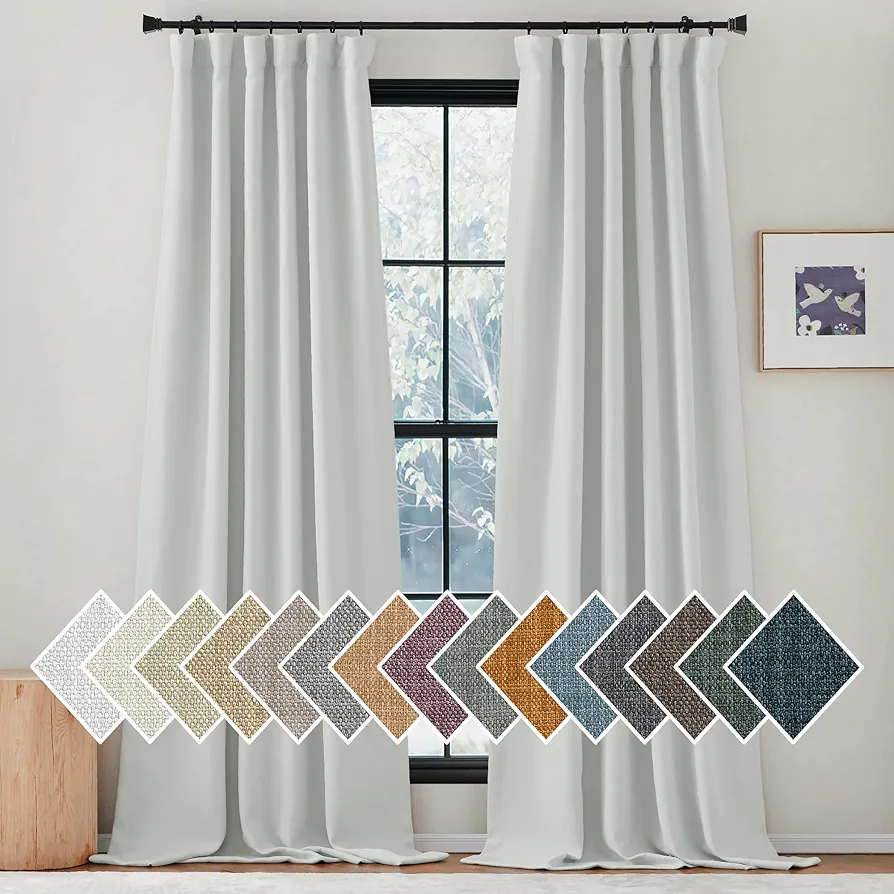 NICETOWN Faux Linen Greyish White Room Darkening Curtains 84 inches Long, Pinch Pleated Noise Reducing Thermal Window Treatments for Living Room/Bedroom, Greyish White, W50 x L84, 2 Panels