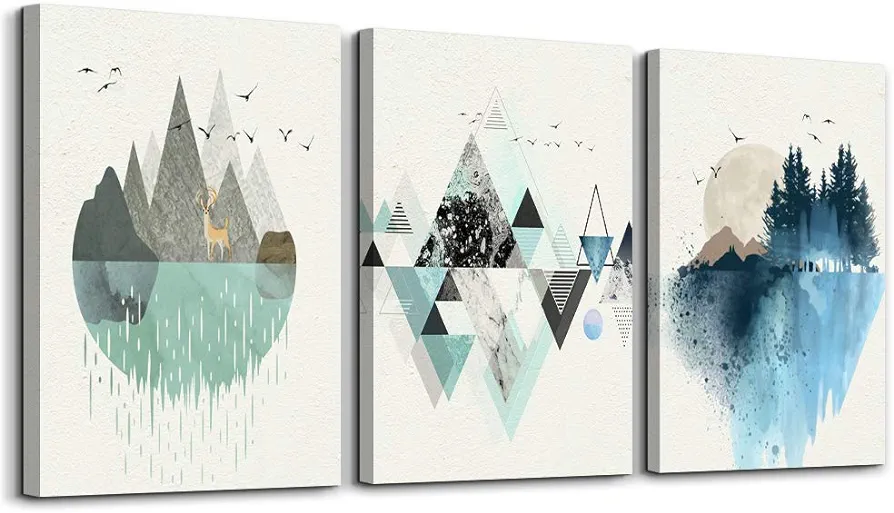 Abstract Wall Decor Canvas Wall Art Paintings Abstract Geometry Mountain Wall Pictures Artworks For Living Room Family Bedroom Decoration,16x24 Inch/3piece,Office Large Size Wall Decorations Posters