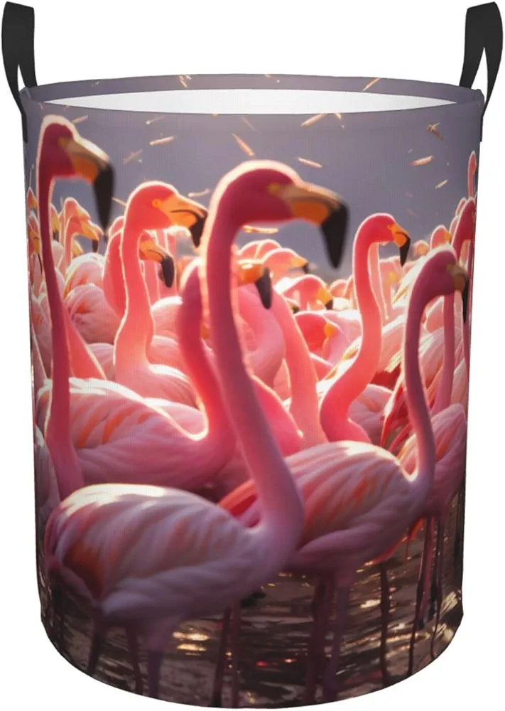 Laundry Baskets with Handles Waterproof Small inches Storage Basket, Collapsible Laundry Hampers, Laundry Room Organization & Apartment Essentials - Flamingos Partying