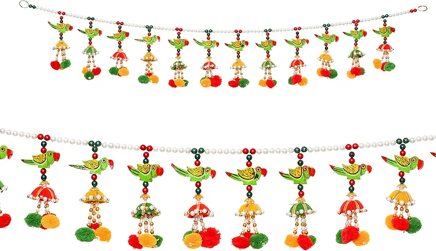 Door Parrot Hanging toran Bandanwar Wall Door Indian Traditional Decoration Pom Pom Toran with Wall Hanging for Door Entrance Window Wall Home Temple Living Room Décor Home Valance(Size:42'')