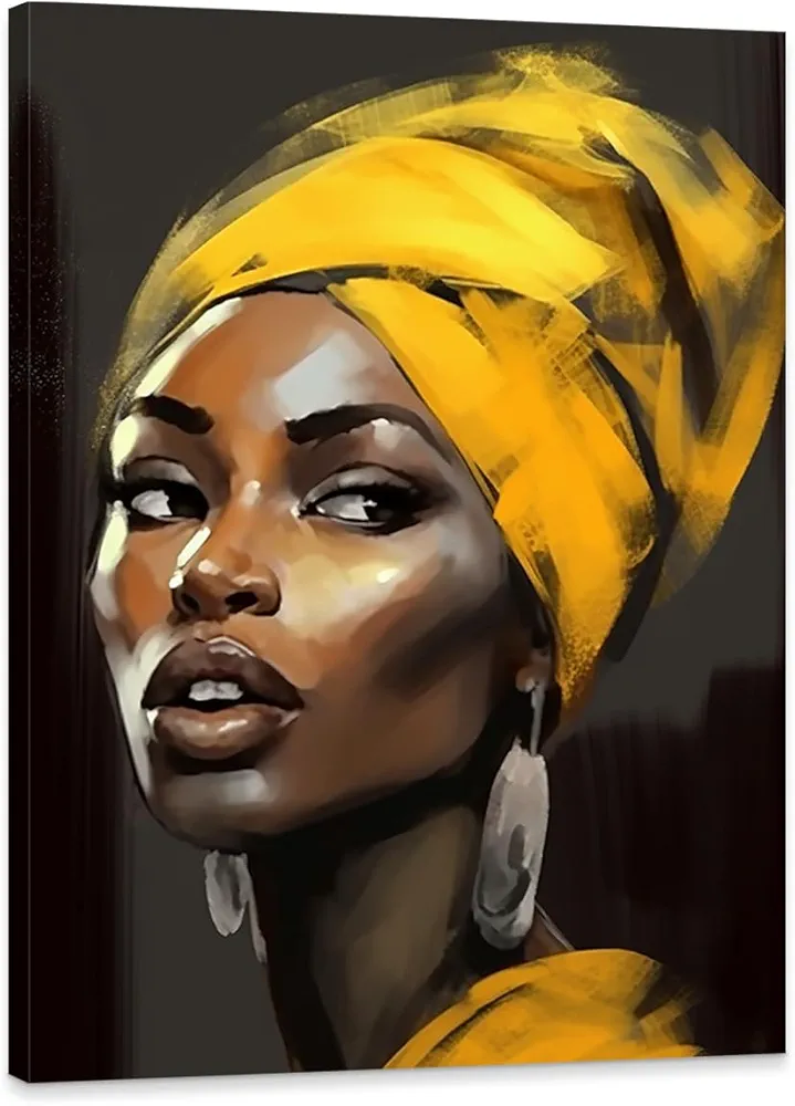 DOARTDO African American Canvas Wall Art Abstract Black Woman Art Yellow Hair Black Girl Painting Woman Portrait Picture for Living Room Bedroom Decor (12x18inch)