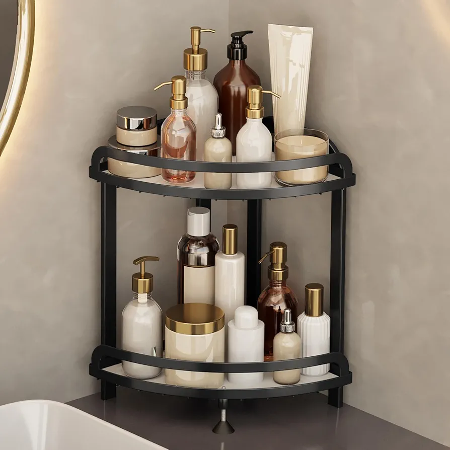 2 Tier Bathroom Counter Organizer Corner Shelf, Dresser Perfume Storage Rack, Makeup Vanity Skincare Tray Senior Room Decor Aesthetic Display Accessories (Black)