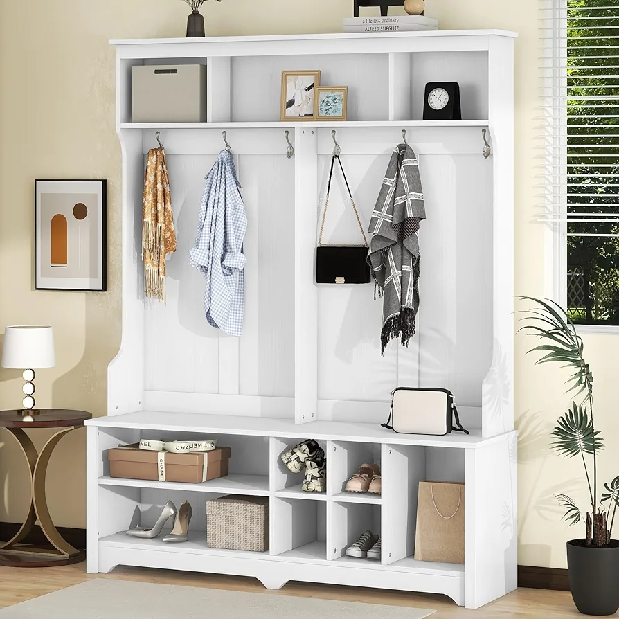 Wide Hall Tree with Storage Bench, Coat Rack with Shoes Cubbies, Wooden 60 Inch Mudroom Bench with 6 Hooks for Mudrooms Organization Entryway Living Room, White