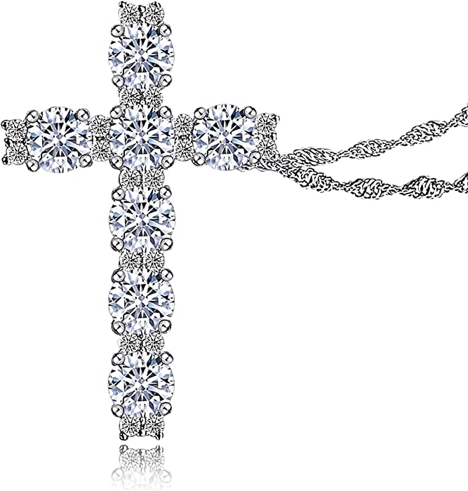 CivetCat Moissanite Cross Pendant Necklace for Women 4.0mm 27 pieces 2.3 CTTW D-E-F color VVS Moissanite Diamond Cross Necklaces Rhodium Plated Sterling Silver 16+2” Chain Anniversary Engagement Womens Gift