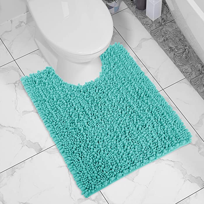 Yimobra Luxury Shaggy Toilet Bath Mat U-Shaped Contour Rugs for Bathroom, 24.4 X 20.4 Inches, Soft and Comfortable, Maximum Absorbent, Dry Quickly, Non-Slip, Machine-Washable, Lake Blue