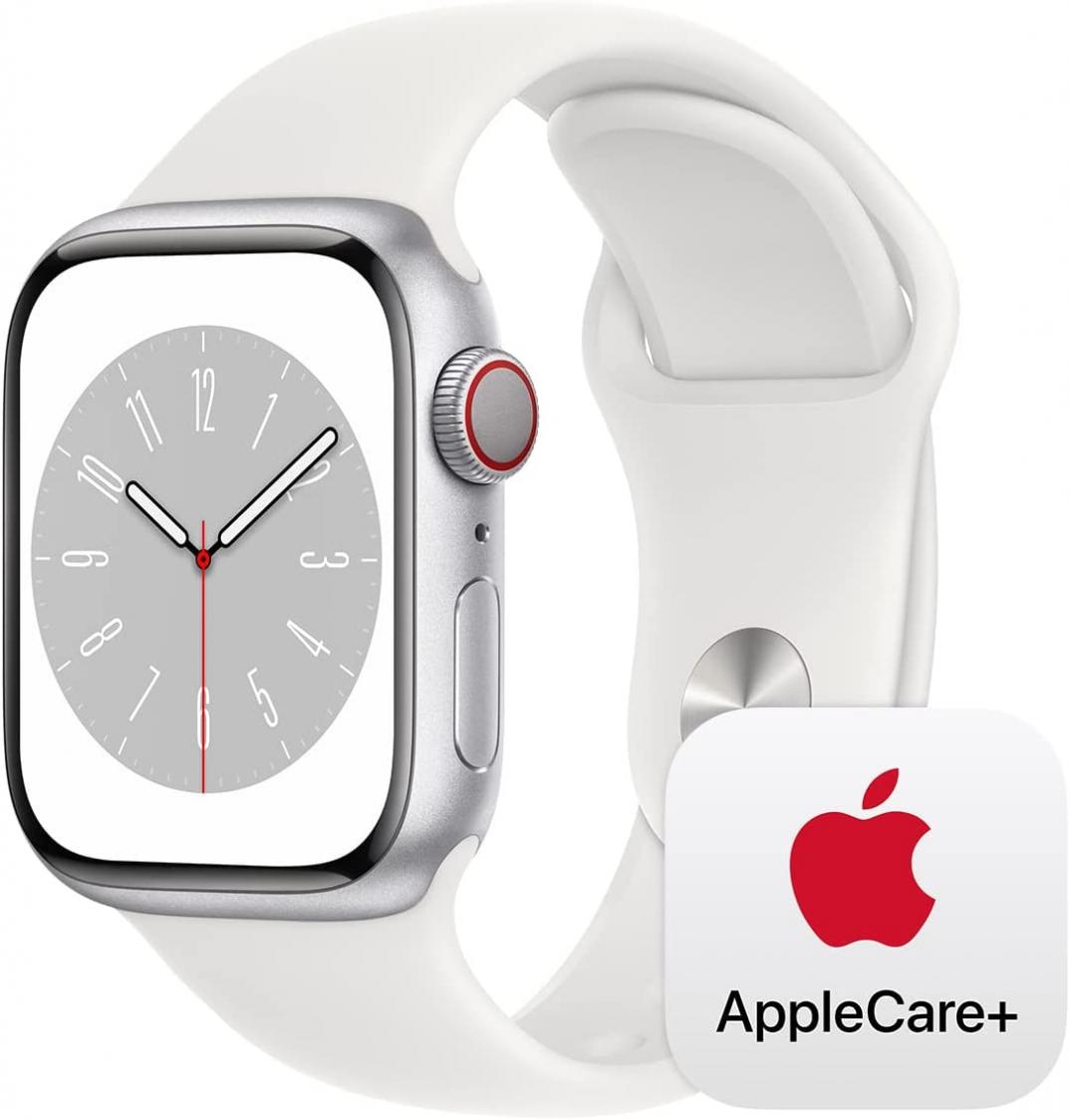 Apple Watch Series 8 [GPS + Cellular 45mm] Smart Watch w/ Silver Aluminum Case with White Sport Band - S/M with AppleCare+ (2 Years)