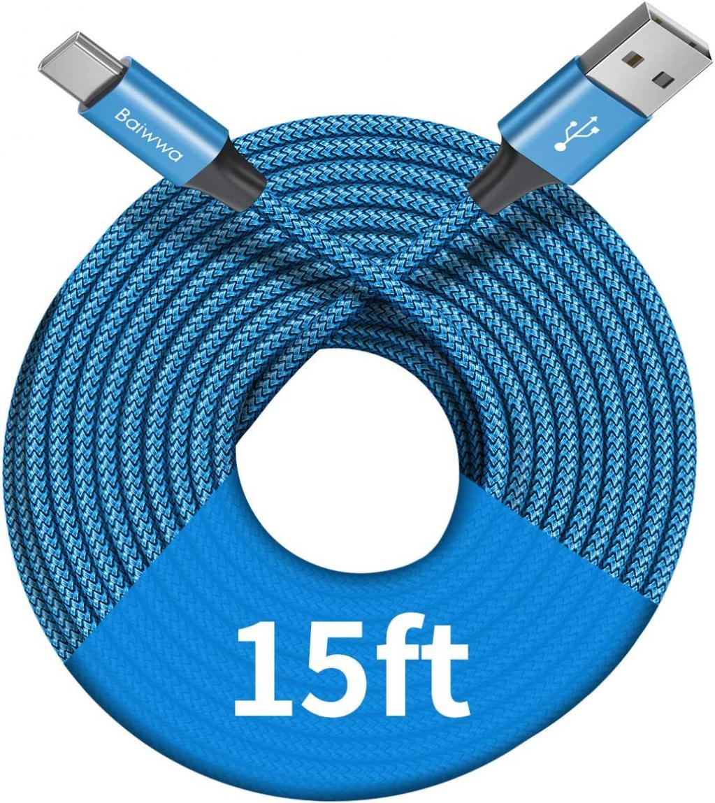 [ 15ft/4.6m ] Extra Long USB C Cable, Baiwwa Premium Nylon Braided USB A to Type C Cable Charger Cord Compatible with Samsung Galaxy Note Tab, Moto, LG, Pixel and More USB C Smartphone & Tablet