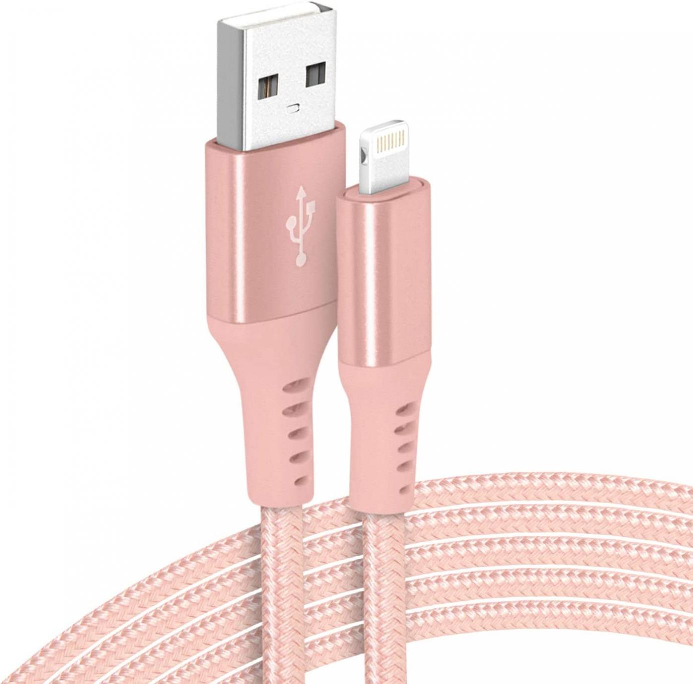 Realm Nylon Braided Lightning to USB A – Mfi Certified Apple iPhone Charger, 10ft, Rose Gold