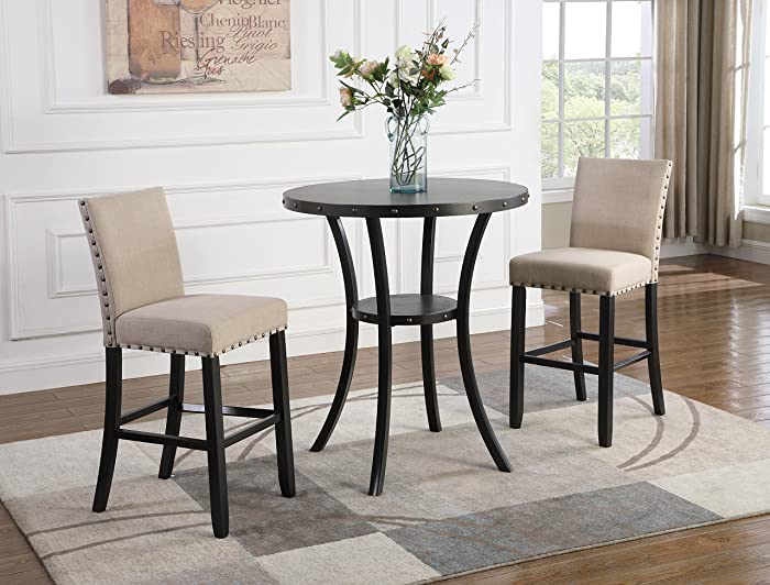 Roundhill Furniture Biony 3-Piece 36" Round Espresso Bar Table with Nail Head Stools, Tan