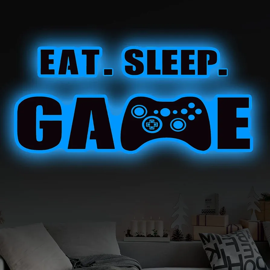 Eat Sleep Game Wall Decal Glow at Night Gamer Boy Wall Stickers Video Game Wall Decor Gaming Controller Wall Decals for Boys Room Kids Bedroom Home Playroom Decor (Lovely Style,23.6 x 10 Inch)