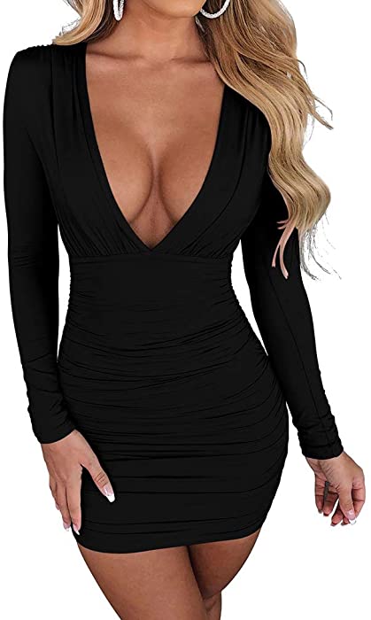 LAGSHIAN Women's Sexy Bodycon Long Sleeve V Neck Ruched Mini Club Dress