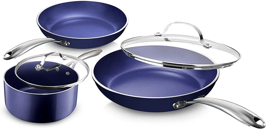 Nonstick Pots and Pans Set 5 Piece Nonstick Cookware Set Stay Cool Handles, Dishwasher Safe Dorm Room Essentials Cookware Set, Includes Fry Pans, Saucepan/Pot and Lids College Essentials Kitchen Set