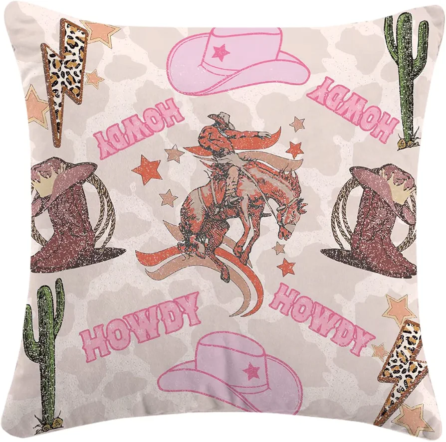 Western Country Cowgirl Hat Howdy Cactus Leopard Lightning Throw Pillow Cover, Retro Preppy Cushion Cover for Sofa Bed Home Bedroom Girls Room Dorm Decor 18 x 18 Inches,Cowgirl Gifts for Teen Girls