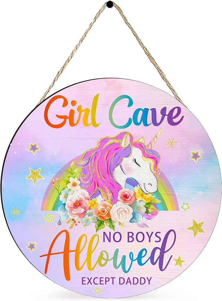 Girl Cave Sign Nursery Decor, Unicorn Room Decor for Baby Girls Bedroom, Wooden Little Baby Girl Nursery Wall Decor, Pink Purple Rainbow Nursery Decor