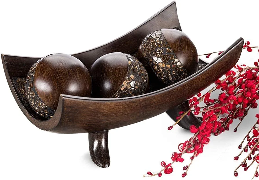 Schonwerk Decorative Centerpiece Bowl with 3 Matching Orbs - Coffee Table Decor with Resin Sphere Balls for Living Room Dining Room Table - Decorations for Home Decor - Mantle House Decor (Brown)