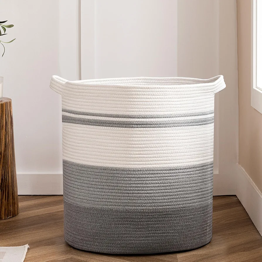 Joybest Large Laundry Basket, Baby Laundry Hamper for Toys, Grey Woven Laundry Basket for Dirty Clothes, Blanket Storage Basket for Living Room 15W x 20H