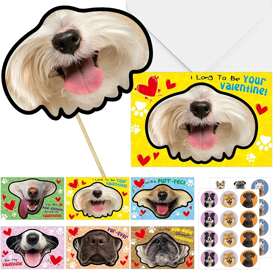 Dog Face Cards for Kids Photo Booth Props 24 Set Cute Dog Animal Cards with Prop Masks Envelopes for Kids Classroom Exchange Gifts Back to School Party Supplies