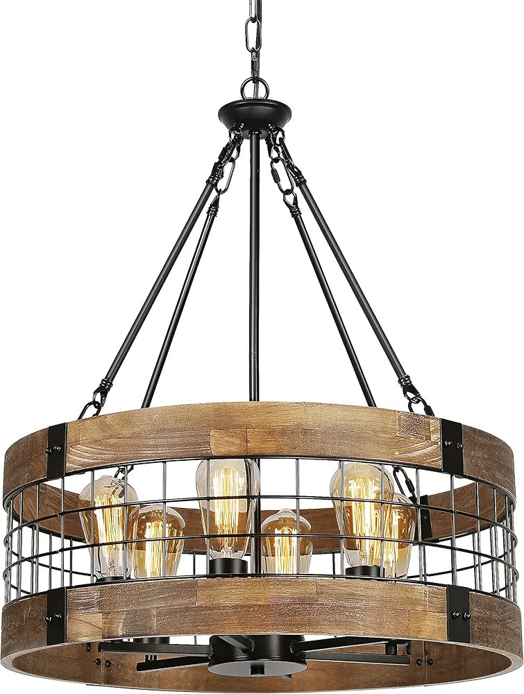 6-Light Farmhouse Chandelier for Entryway, Rustic Dining Room Light Fixtures, Industrial Drum Hanging Lighting for Kitchen Island Foyer, Black Wood and Black Metal Finish