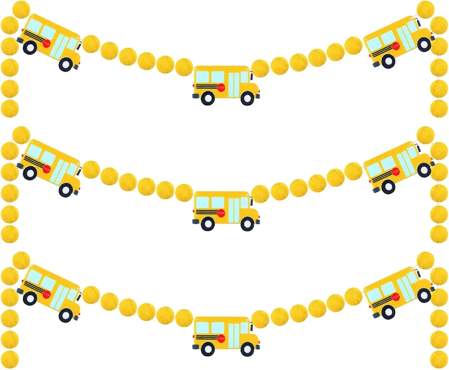 Rtteri 3 Pcs Back to School Bus Banner Felt Ball Garland Pom Pom Ball Garland School Bus Felt Ball Garland Back to School Bus Garland for Classroom School Bus Decorations