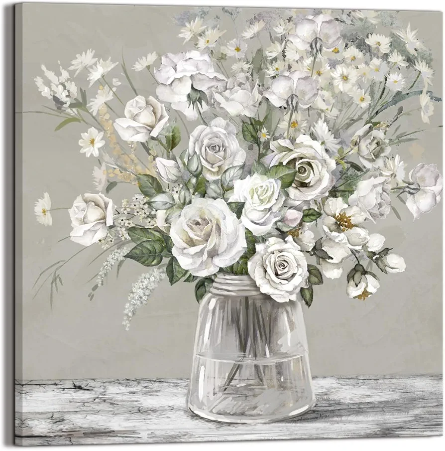 YUEYARIT Bathroom Wall Decor Modern Wall Art Grey Rose Canvas Print Picture can be hung as a gift in bedroom, living room, dining room home office