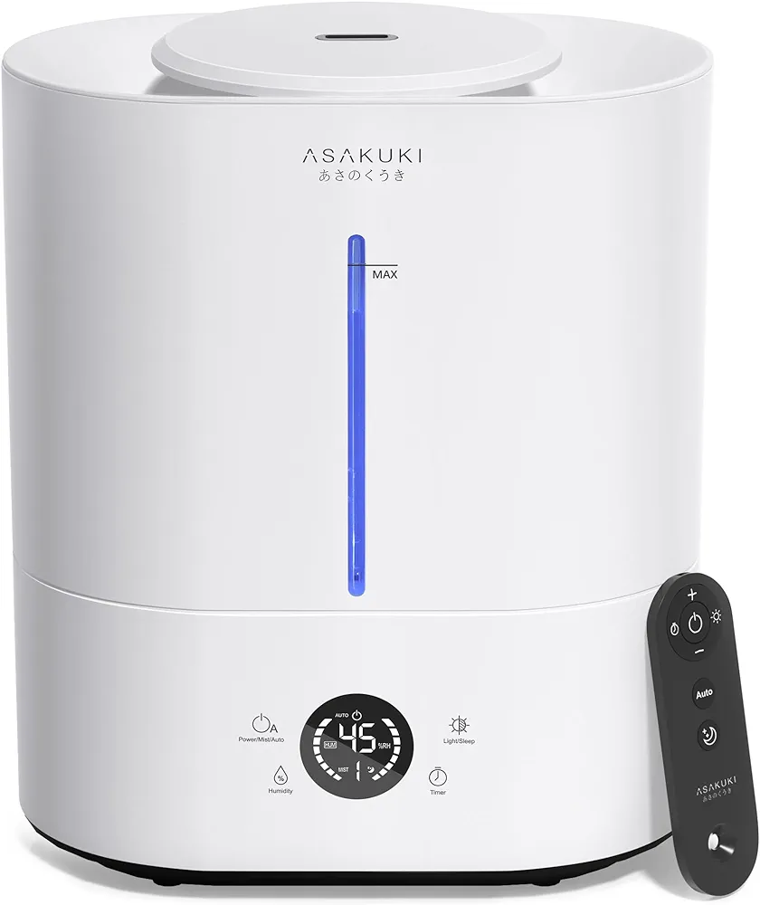 ASAKUKI Humidifiers for Bedroom Large Room, 4L Cool Mist Top Fill Air Humidifier with LED Display & Oil Diffuser, Humidity Control, Sleep Mode, Ultrasonic Vaporizer Quiet for Baby, Kids, Plants, White