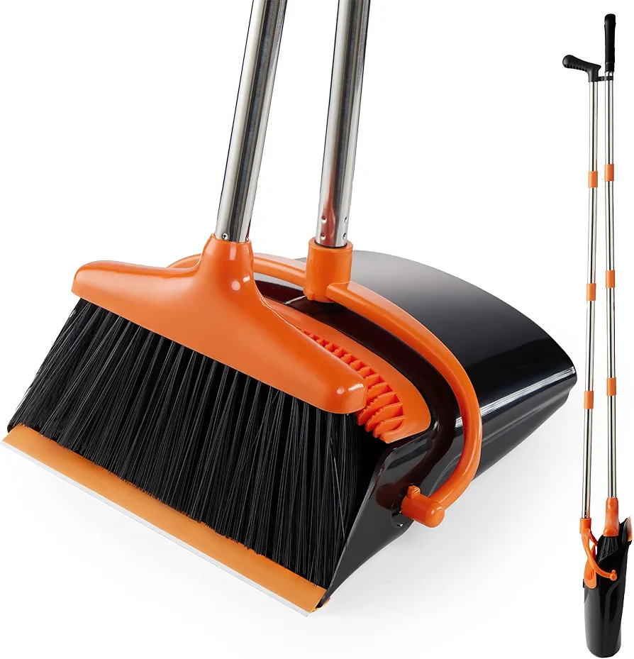 Broom and Dustpan Set Lightweight Upright Lobby Broom and Dust Pan Combo with Long Handle Outdoor Indoor for Home Kitchen Room Office (Orange and Black)