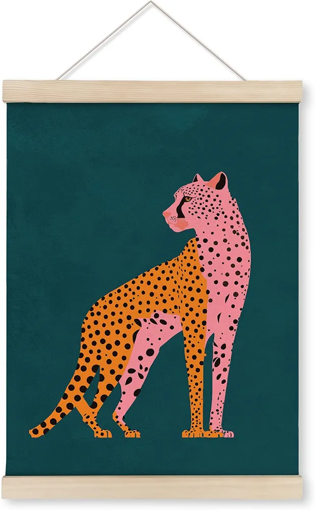 HRQKO Cheetah Cats Wall Art Poster Hanger Frame, Preppy Room Decor, Pink Orange Leopard Decor with Wooden Frames, Modern Trendy Cheetah Wall Hanging Poster Decor for Teen Girls Room Dorm, 12x16 Inch