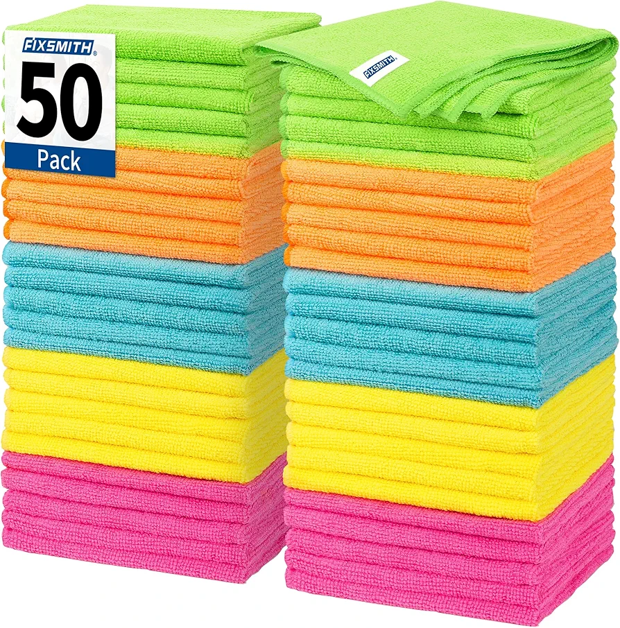 FIXSMITH Microfiber Cleaning Cloth, 50 Pack Cleaning Rags, Cleaning Towels for Housekeeping, Kitchen, Car, Lint-Free, Reusable Shop Towels with 5 Colors (Green/Blue/Yellow/Orange/Pink), 12"X12"