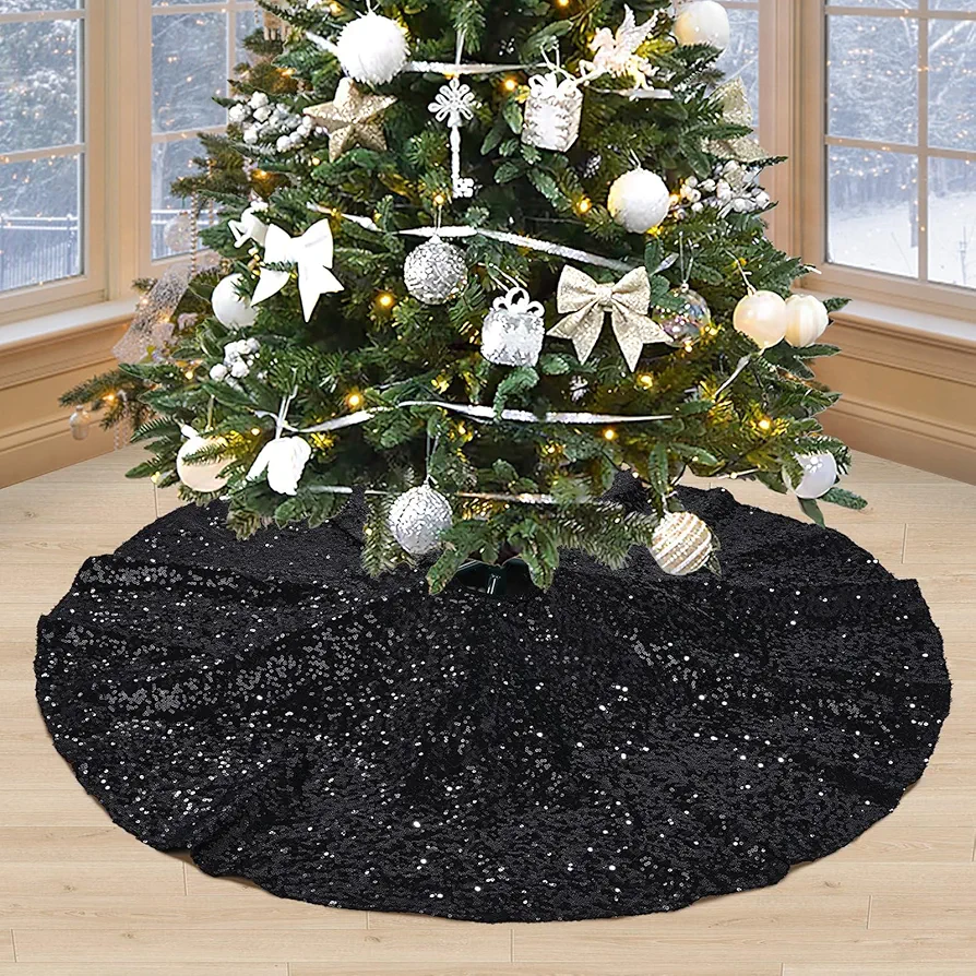 48 Inch Black Xmas Tree Skirt Christmas Decorations Sequin Tree Skirt New Year Party Indoor Holiday Tree Ornaments