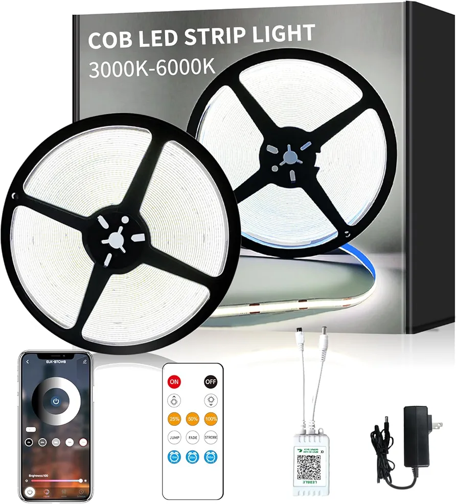 COB LED Strip Lights 50ft,6000K DC 24V Dimmable White Flexible LED Rope Lights for Bedroom,with Remote and app Control LED Lights strip for Living Room, Shelf, Cabinet