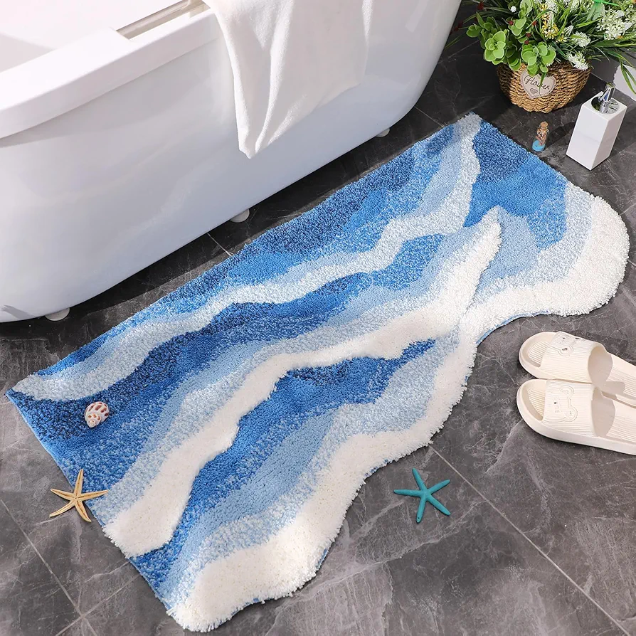 Blue Wave Rug 47 x 24 Inch Tufted Ocean Waves Area Rug Ocean Rug with Nonslip Backing Coastal Bathroom Rugs Washable 3D Waves Bath Mats for Home Living Room Bathroom Bedroom Kitchen Decor