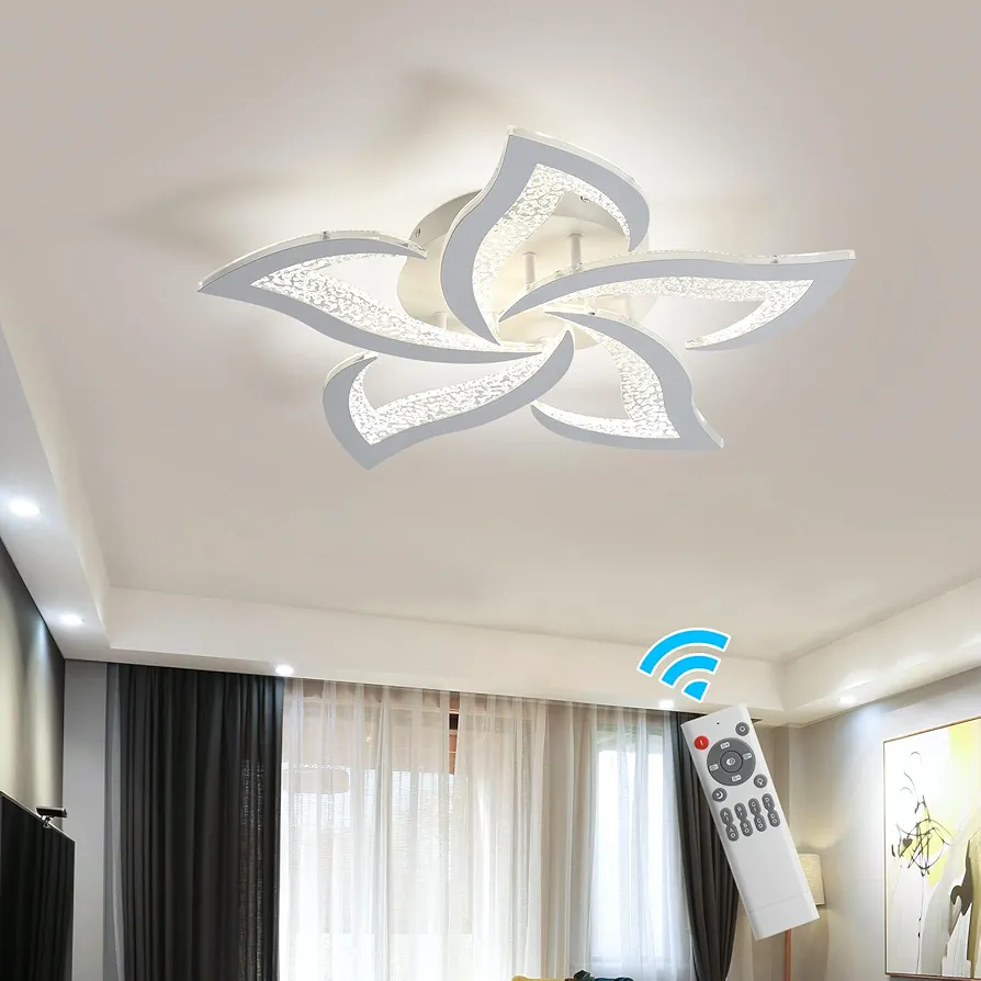 Garwarm Modern Ceiling Light,23.6” Dimmable LED Chandelier Flush Mount,Remote Control Acrylic Flower Celing Lamp Fixture for Living Room Dining Room Bedroom Hallway 45W White