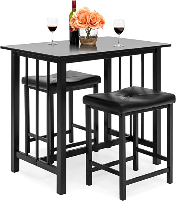 Best Choice Products 3-Piece Counter Height Dining Table Furniture Set for Kitchen, Bar, Bonus Room w/ 2 Faux Leather Backless Stools, Compact, Space-Saving Design - Black