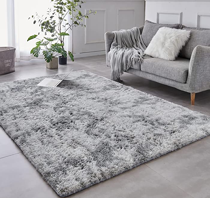 TABAYON Shag Area Rug, 5x7 Ft Tie-Dyed Light Grey Upgrade Anti-Skid Durable Rectangular Cozy Rug, High Pile Soft Throw Rug for Nursery Room Living Room