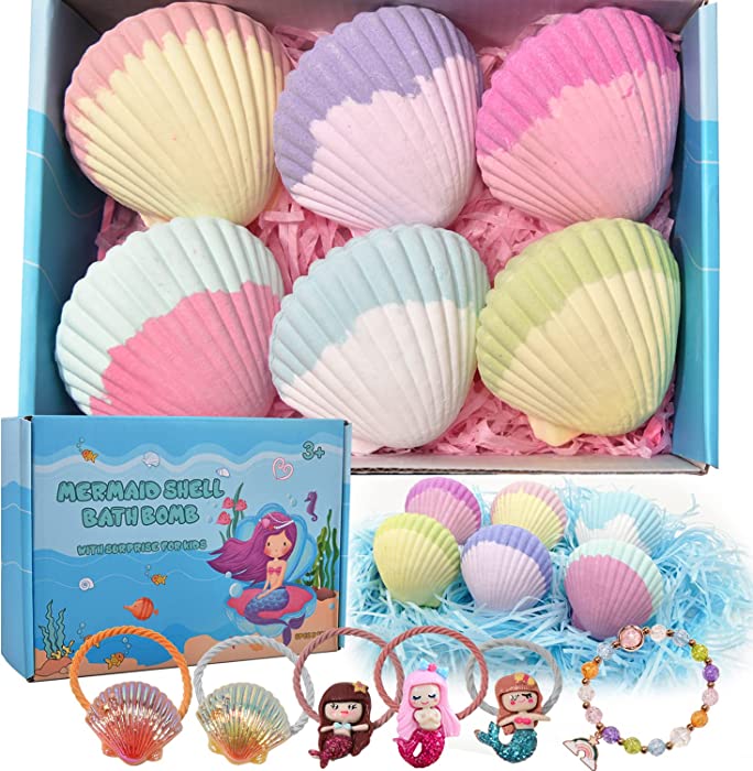 Mermaid Bath Bombs for Kids Girls with Surprise Inside, 6 Pcs Natural Fizzy Princess Fun Shell Bubble Bath Bomb Kit with Jewelry Toys, Christmas Easter Basket Stuffer Valentines Day Birthday Gift Set