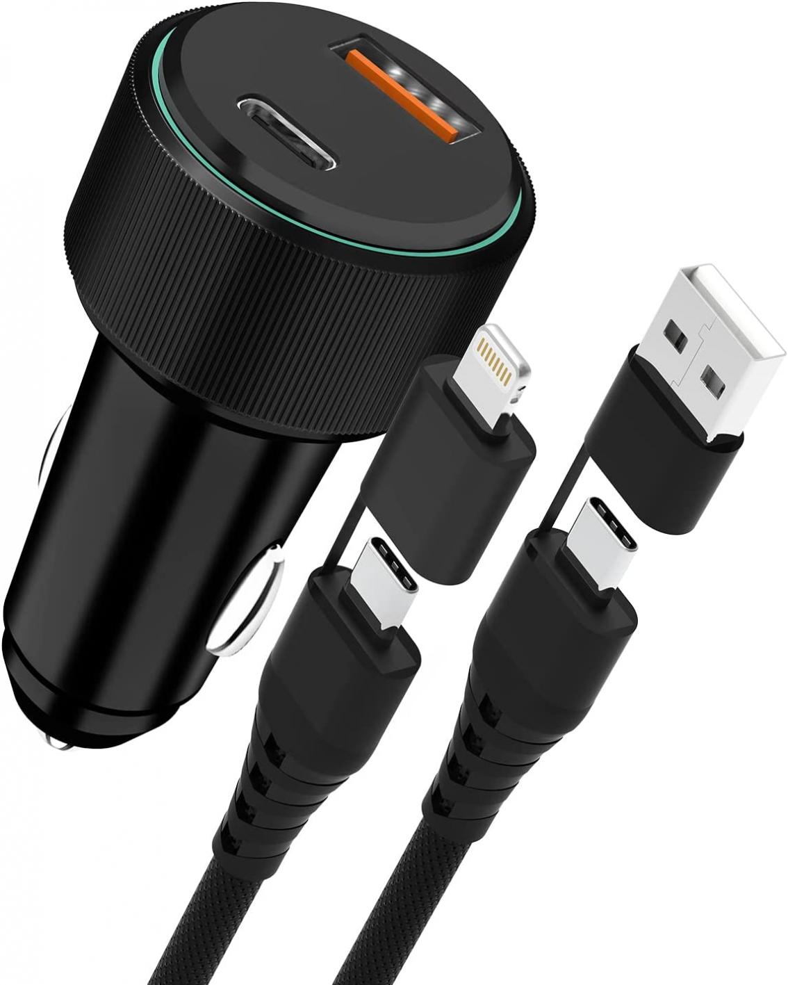 [Apple MFi Certified] iPhone Fast Car Charger, 48W PD/QC3.0 Dual Port Power Delivery Car Adapter Car Fast Charger with 4 in 1 USB A/USB C to USB C/Lightning Cable for iPhone/iPad/Airpods/Samsung