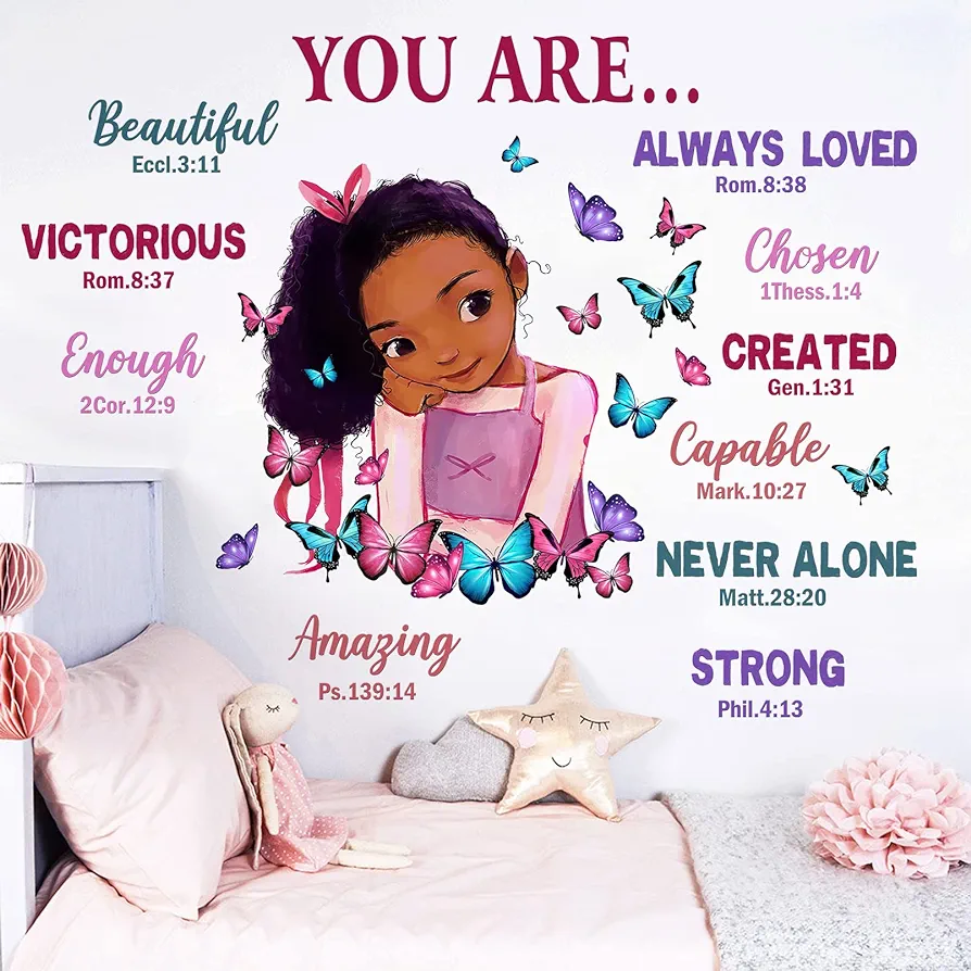 Yovkky Black Girl Religious Butterfly Wall Decal Sticker, Positive Saying African American You are Beautiful Nursery Decor, Inspirational Home Afro Kid Room Decoration Bedroom Playroom Art Gift