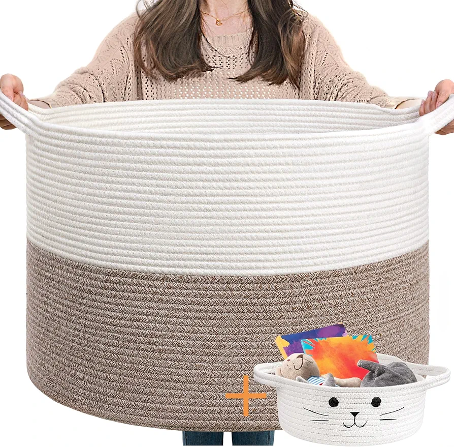 Goodpick Large Basket, Cotton Rope Blanket Basket Living Room Toy Baskets Storage Kids, Baby Laundry Basket with Small Cute Basket, Storage Basket for Dirty Clothes Pillows Towel, White & Brown