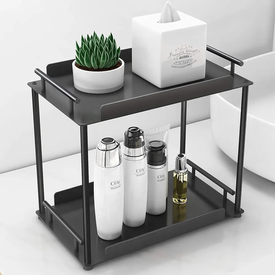 FLE Bathroom Organizer Countertop,2 Tier Spice Rack/Cosmetic Organizer/Storage Shelf for Bathroom, Kitchen, Living Room, Bedroom, Dressing Table Black