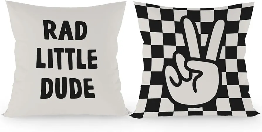 Checkered Pillow Cover, Rad Little Dude Preppy Retro Black Peace Hand Sign Decorative Throw Pillow Covers,Trendy Preppy Pillow Cases Cushion for Home Boy Teen Room Dorm, 18×18 Inch Set of 2