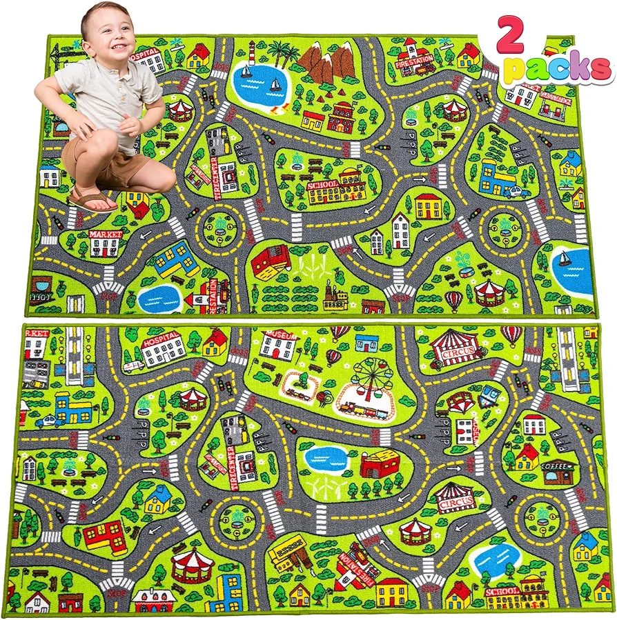 JOYIN 2 Pack Playmat City Life Carpet for Kids Age 3+, Jumbo Play Room Rug, City Pretend Play