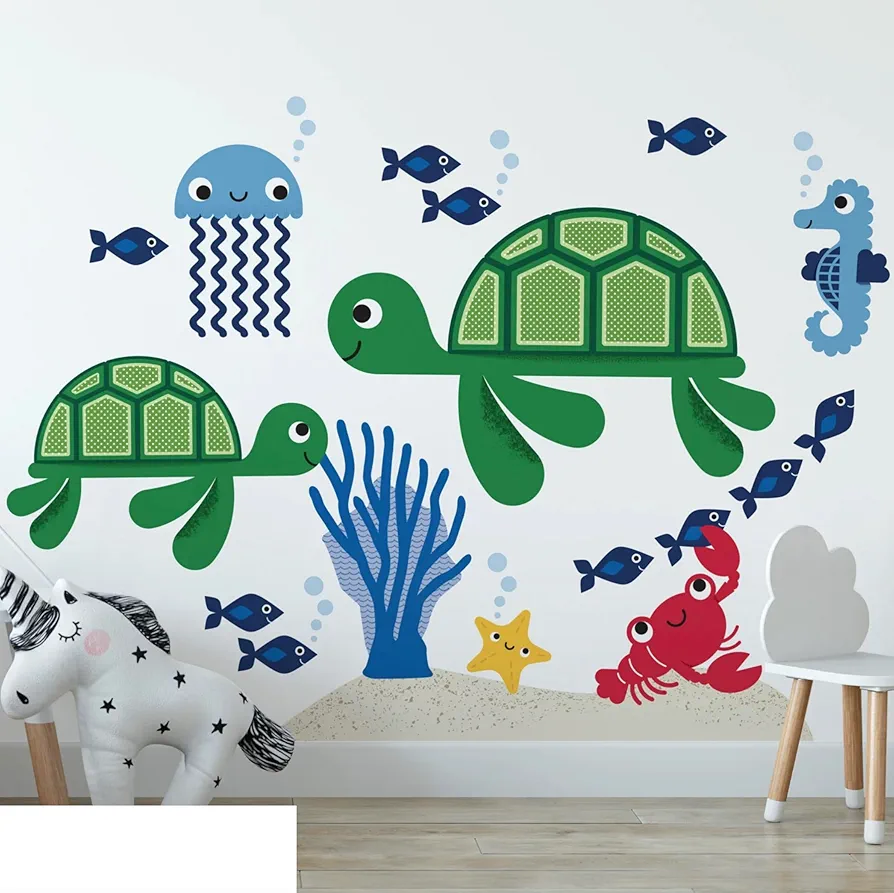 Sea Turtle Wall Decals for Kids - Under the Sea Wall Stickers for Boys Girls - Sea Animals Sticker Set for Baby Nursery - Underwater Fish Octopus Wall Decor Art Mural Vinyl Decal Stickers (Palette #2)