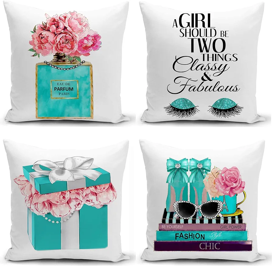 Set of 4 18x18 Teal Throw Pillow Covers Fashion Soft Velvet Couch Bed Decorative Pillow Covers Pink Flower Perfume Words Eyelash Cute Accent Pillow Covers Teen Girls Bedroom Decor (Teal)