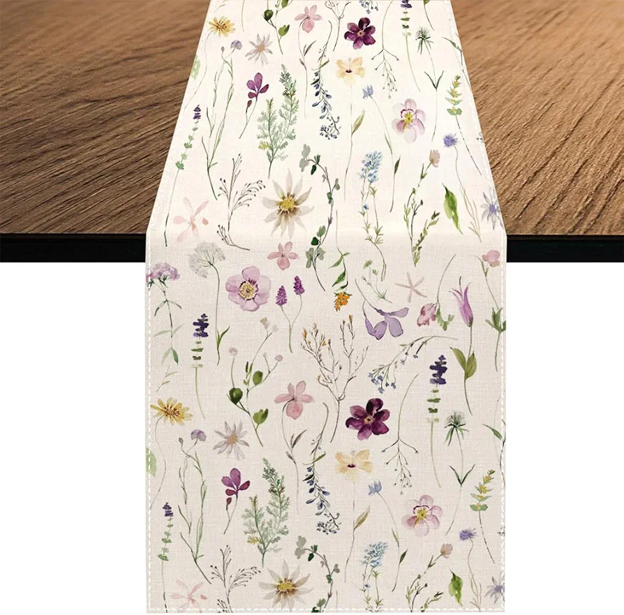 Watercolor Wild Flowers Table Runner, Spring Summer Purple Flowers Holiday Kitchen Dining Table Decoration for Home Party Decor 13 x 70 Inch