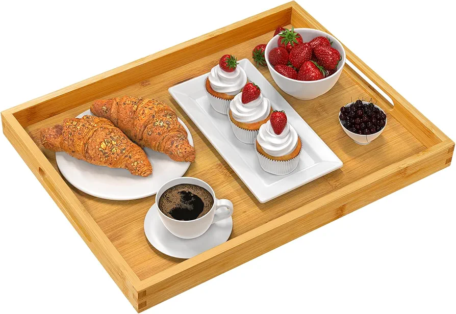 Pipishell Serving Tray with Handles, Bamboo Breakfast Tray Wooden Trays for Eating, Working, Storing, Used in Bedroom, Kitchen, Living Room, Bathroom, Hospital and Outdoors-16.14x12.2x1.38inches